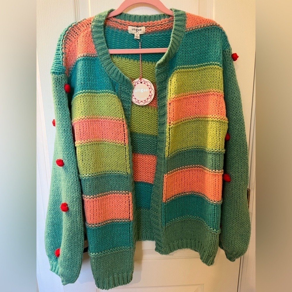 🆕 Umgee Women's Color Block Pom Pom Cardigan Sweater Multicolor Size S